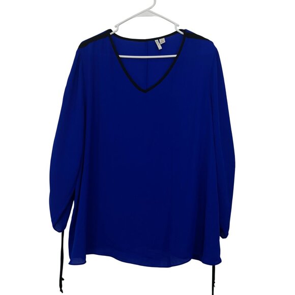 Est 1946 Womens Royal Blue Top Blouse XL V-Neck Ruched 3/4 Sleeve W/ Black Trim - Picture 1 of 10